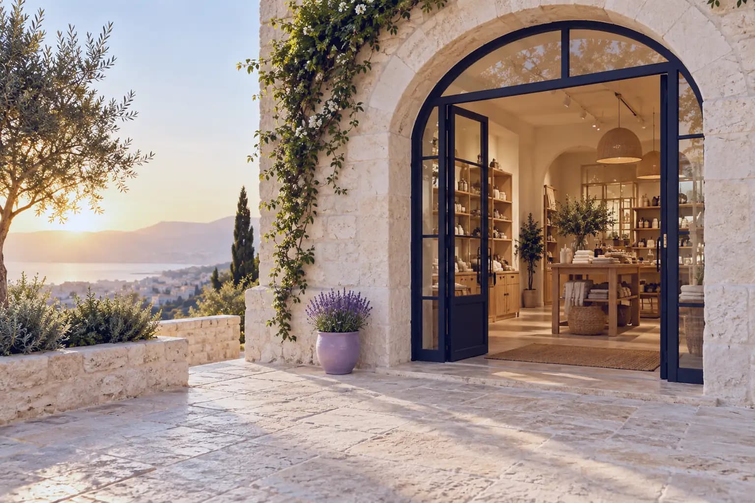 A shop’s arched doorway at sunset, open onto the street.