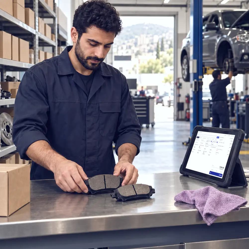 A mechanic lays brake pads on a counter next to a tablet in a garage.
