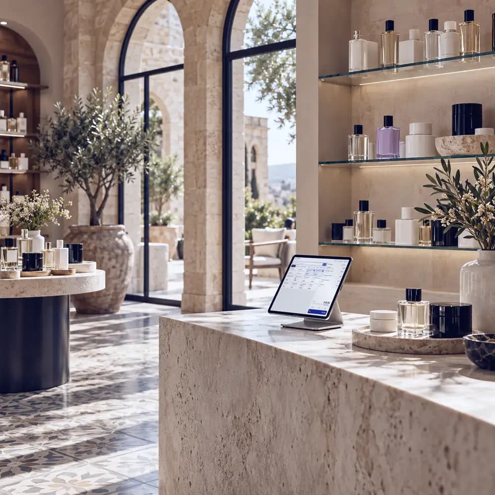 Perfume bottles on a stone counter beside a tablet terminal.