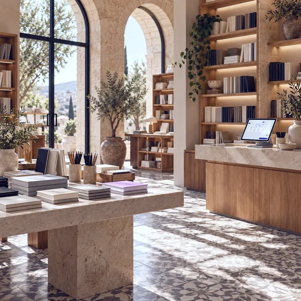 A bookshop with books stacked on a stone table and a terminal at the counter.