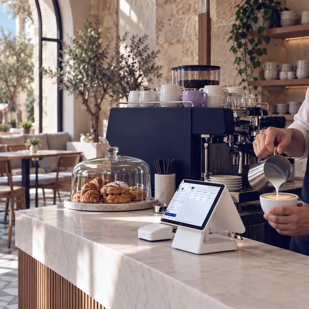 A barista pours milk into a cup beside a counter terminal in a café.