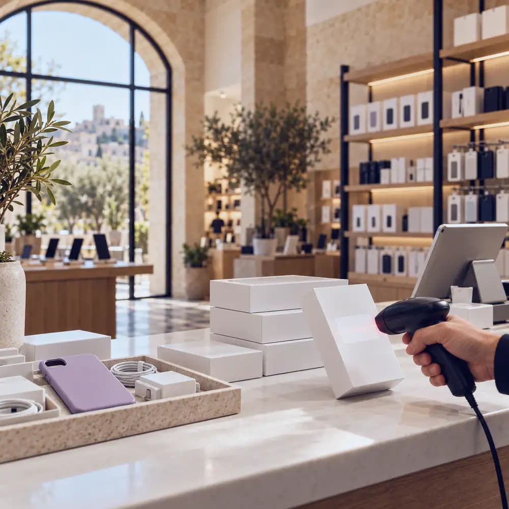 Boxed phones and a barcode scanner on the counter of a phone shop.