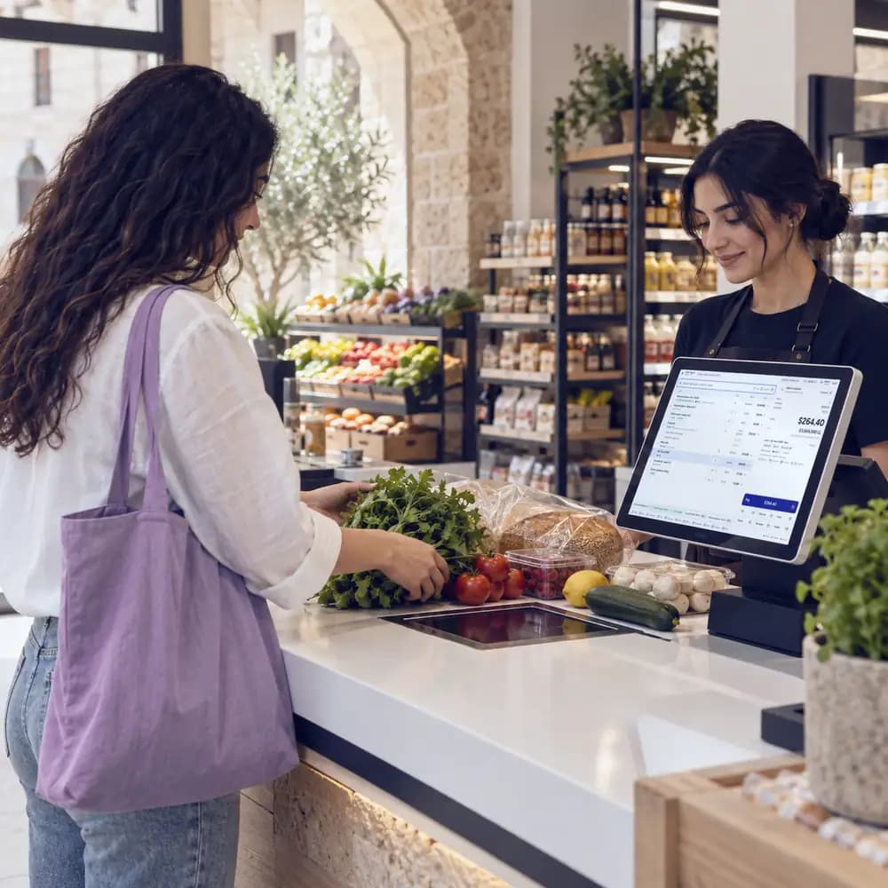 A cashier serves a customer at a grocery counter with a terminal.