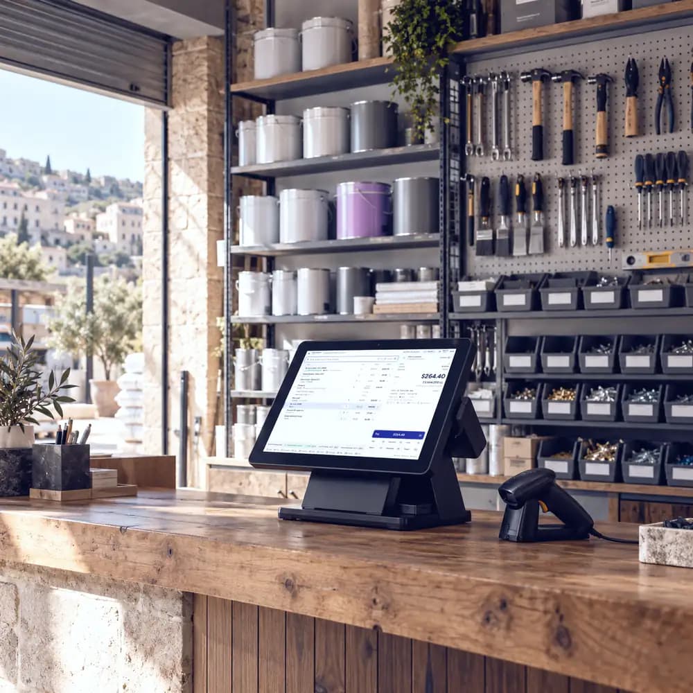 A counter terminal and a barcode scanner on the wooden counter of a hardware shop.