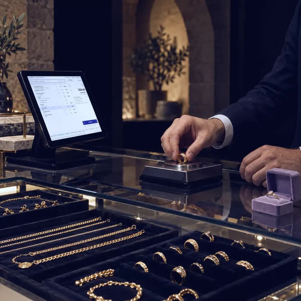 A jeweller weighs a ring on a scale behind a glass counter of gold chains and rings.