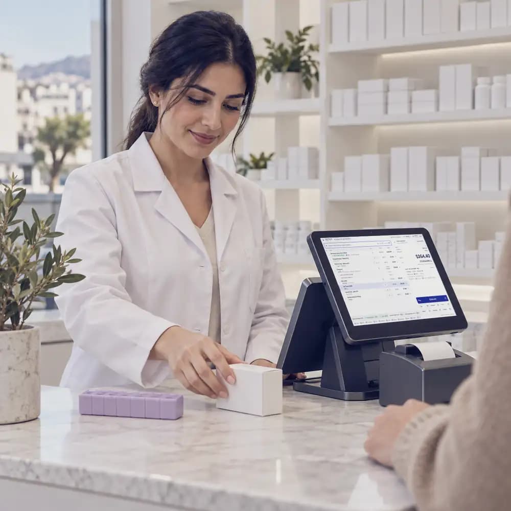 A pharmacist rings up a box at a counter terminal with a receipt printer.