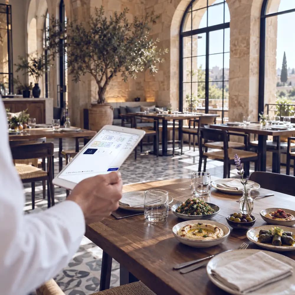 A waiter holds a tablet over a table of mezze in a restaurant.