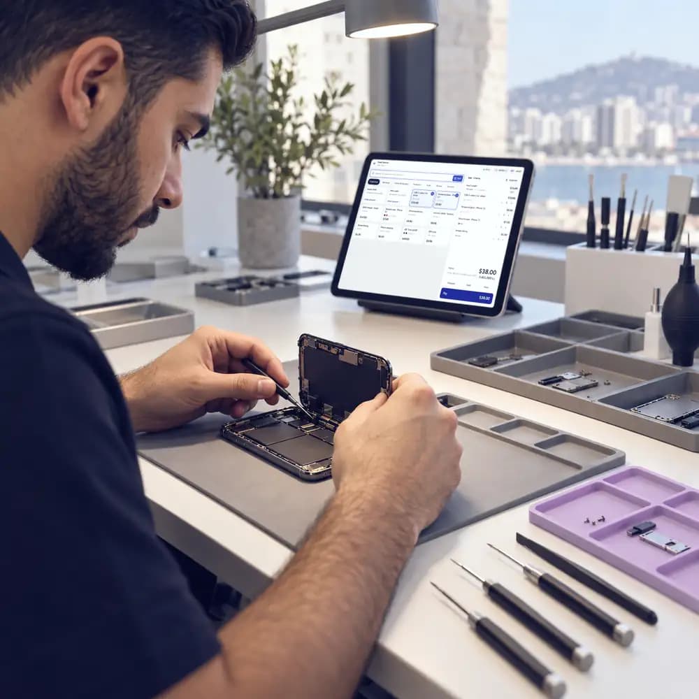 A technician repairs a phone at a bench beside a tablet terminal.