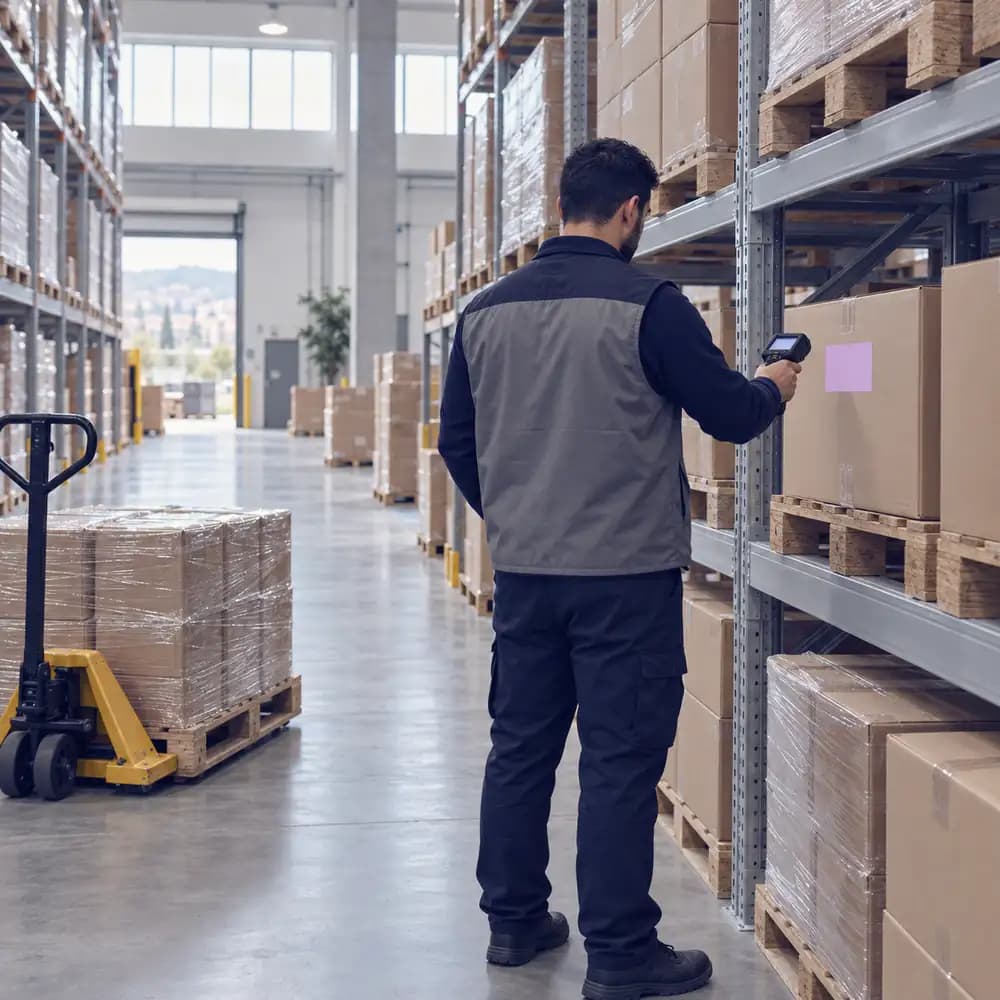 A worker scans a carton in a warehouse aisle.