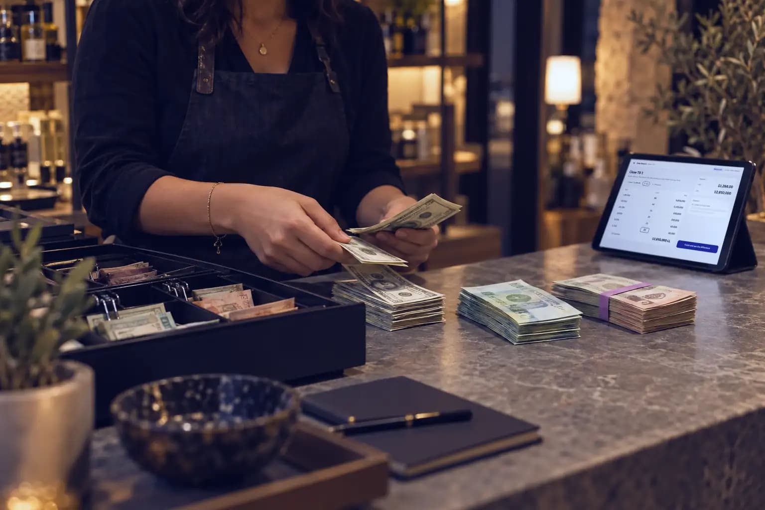 Evening at the counter: the cashier counts dollar and lira notes; the tablet beside her shows the blind count, with the expected amount hidden.
