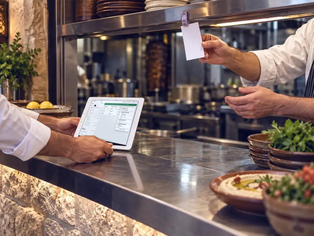 At the pass, a waiter checks the order on a tablet while the chef clips the kitchen ticket.