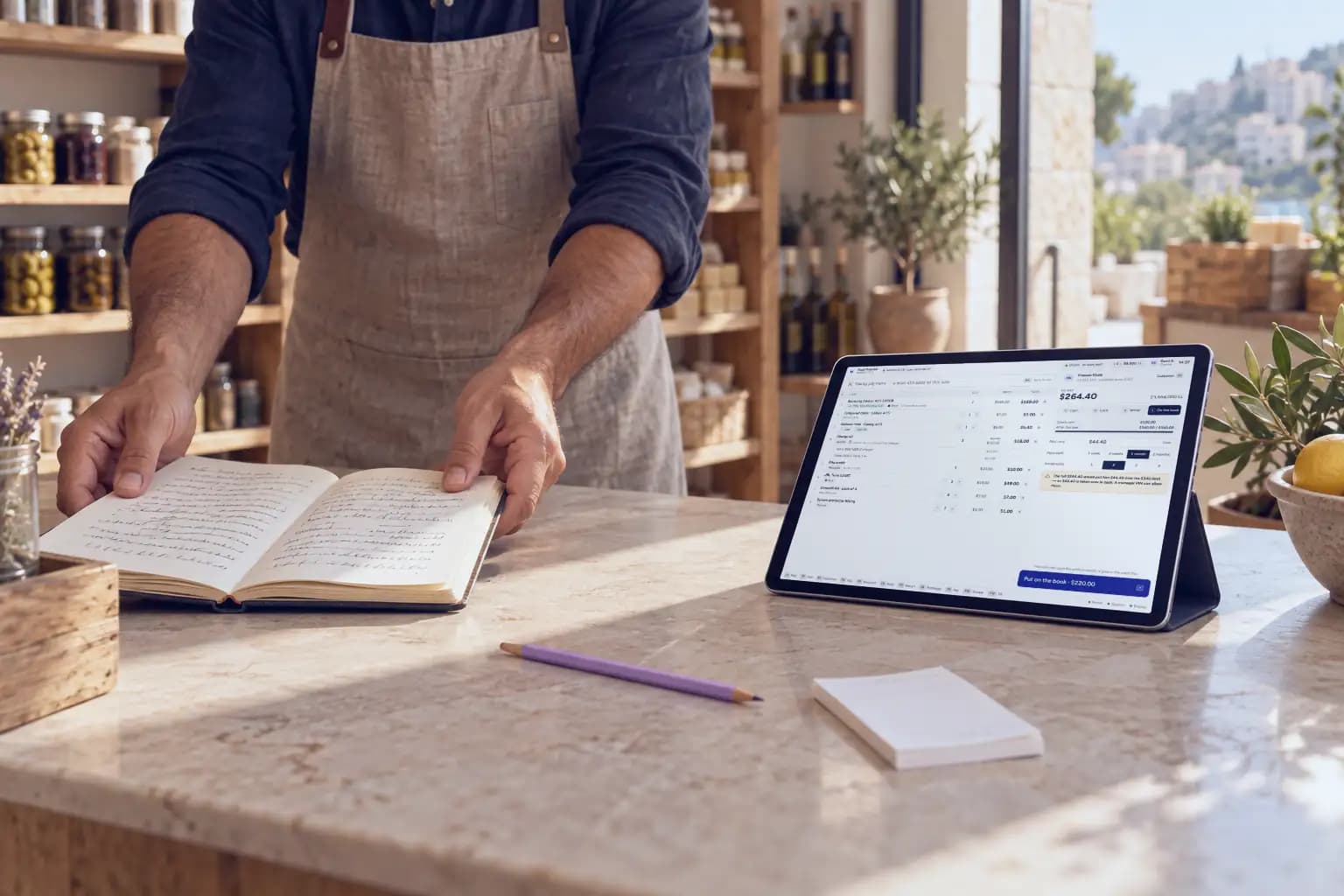 A shopkeeper with his handwritten credit book, and beside it a tablet showing the same customer’s balance in Vertex Suite.