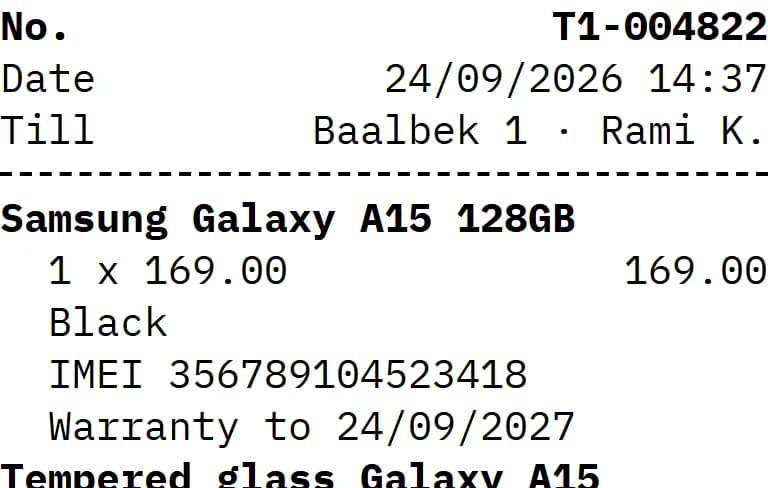 The printed receipt: Samsung Galaxy A15 128GB, IMEI 356789104523418, warranty to 24/09/2027.