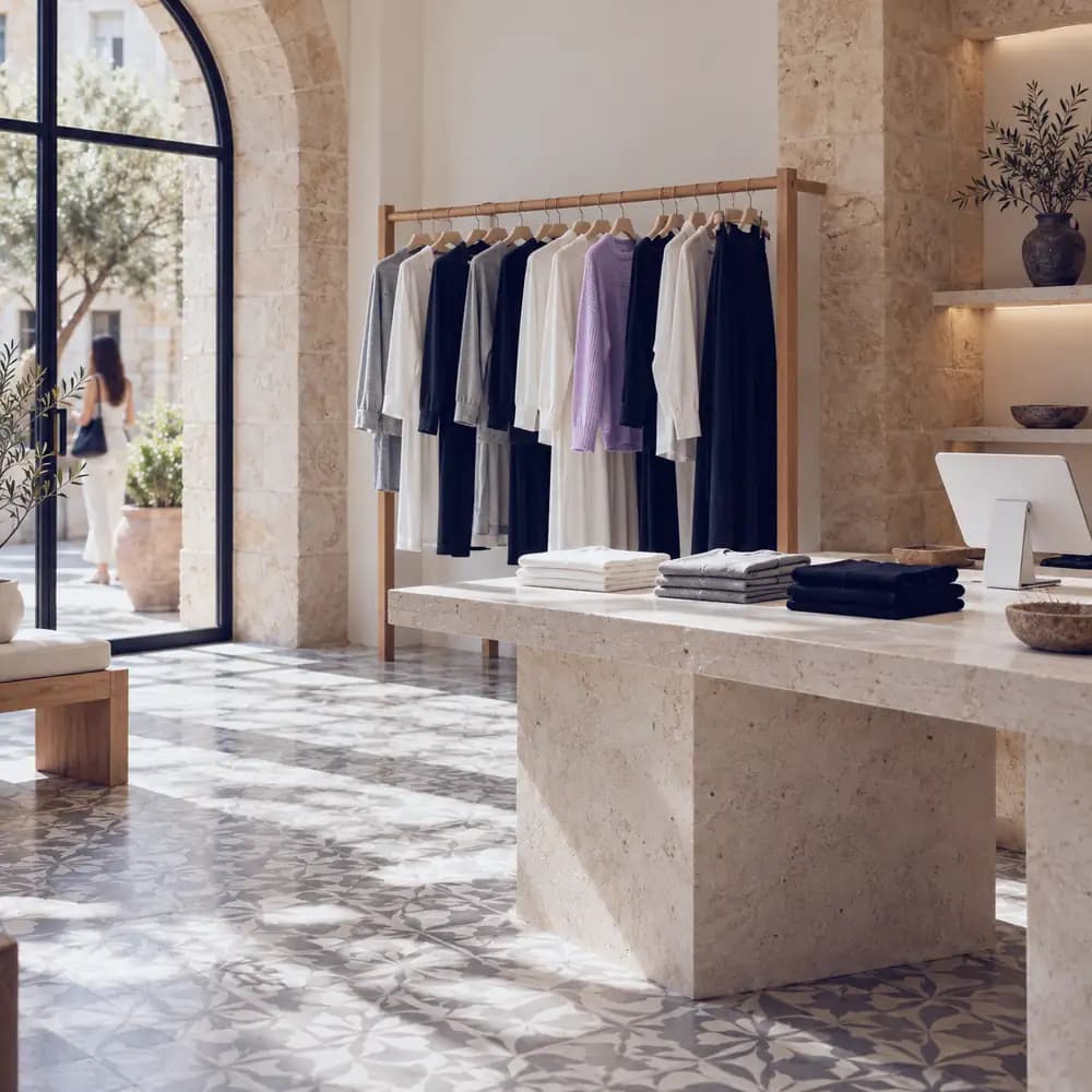 A clothing boutique: garments on a rail and folded stock on a stone counter.