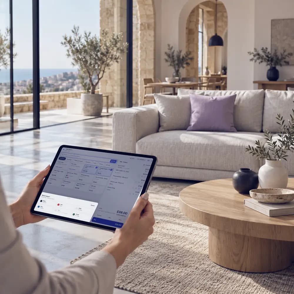 A salesperson holds a tablet in a furniture showroom with a sofa and a coffee table.